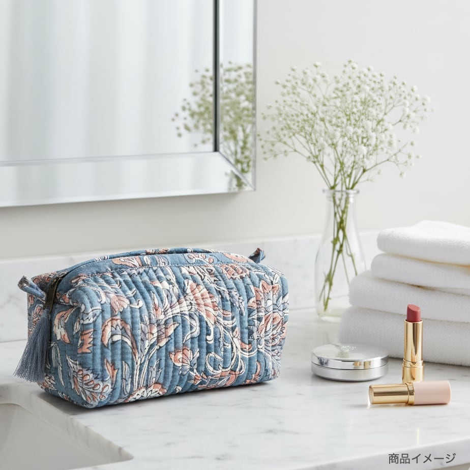 コスメポーチ ブロックプリント グレー