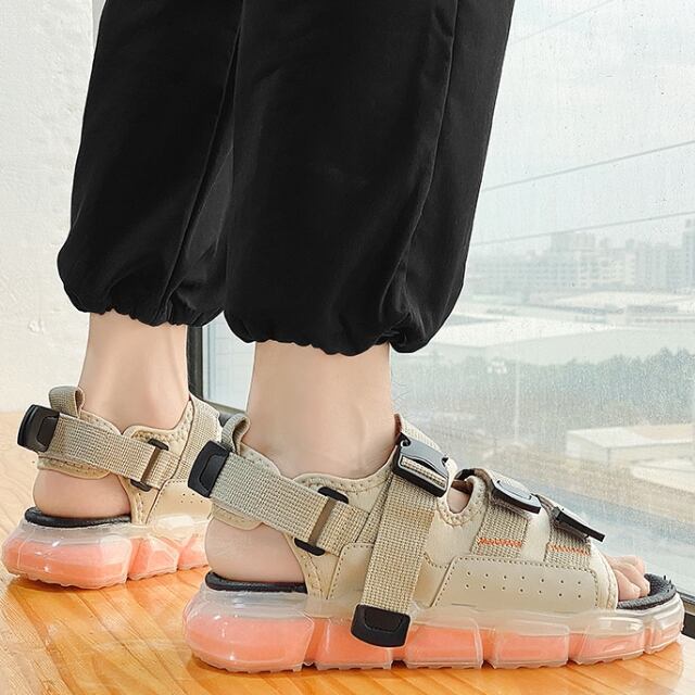 【予約販売】コンフォートサンダル メンズ クリアソール 厚底 靴 スポーティー ブラック ベージュ グレー お洒落 ビーチサンダル カジュアル ストリート 韓国ファッション 24.5cm/25cm/25.5cm/26cm/26.5cm/27cm