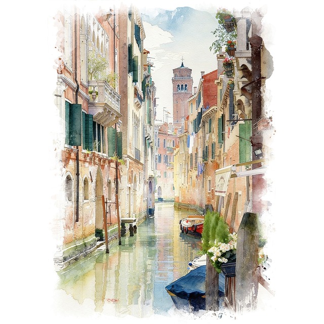 絵画 イタリア 風景画 ヴェネツィア（ベネチア）の運河沿いの街並み  インテリアアート額付き 水彩画・油絵風 WAT1826