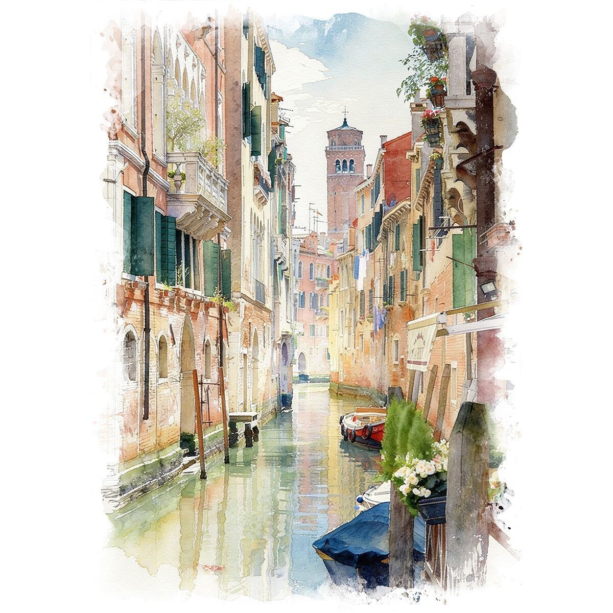 絵画 イタリア 風景画 ヴェネツィア(ベネチア)の運河沿いの街並み インテリアアート額付き 水彩画・油絵風 WAT1826