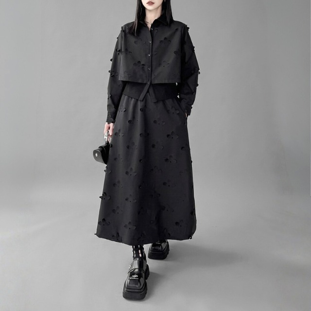 Cutwork lace shirt & skirt setup C1476