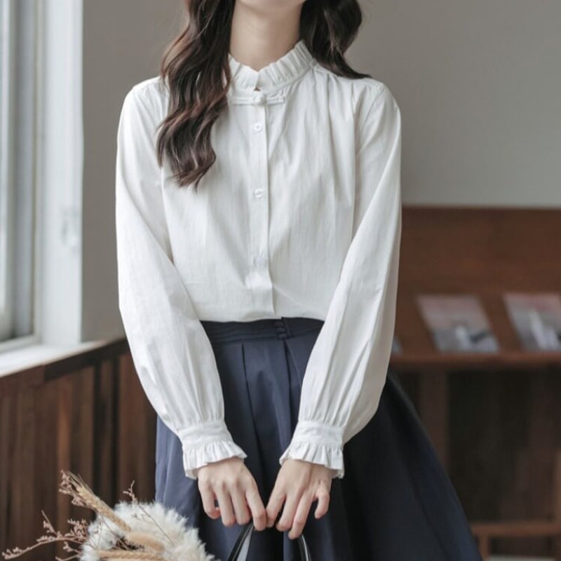 立ち襟フリルギャザーブラウス M2268