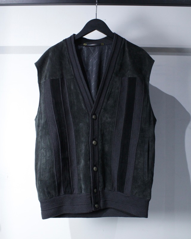 【Caka BLACK】Suede Leather Switching Vintage Knit Vest