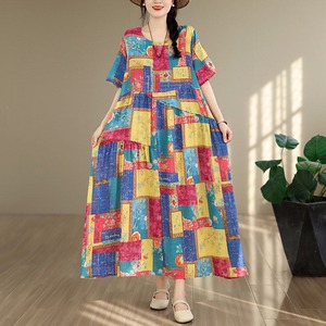 PRINT PATTERN SHORT SLEEVE LONG MAXI DRESS M-17995