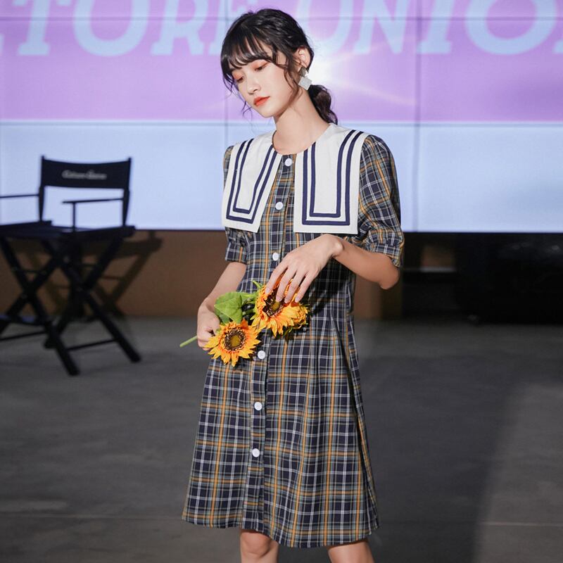 菲娜蘇シリーズ チェック柄ワンピース 通勤 オフィス Ol デート ドレス 夏 着痩せ レトロ 半袖 Elegant