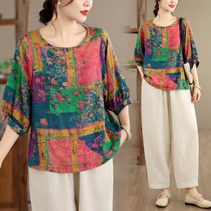 FLORAL PUFF SLEEVE ROUND NECK RELAXED T-SHIRT M-17699