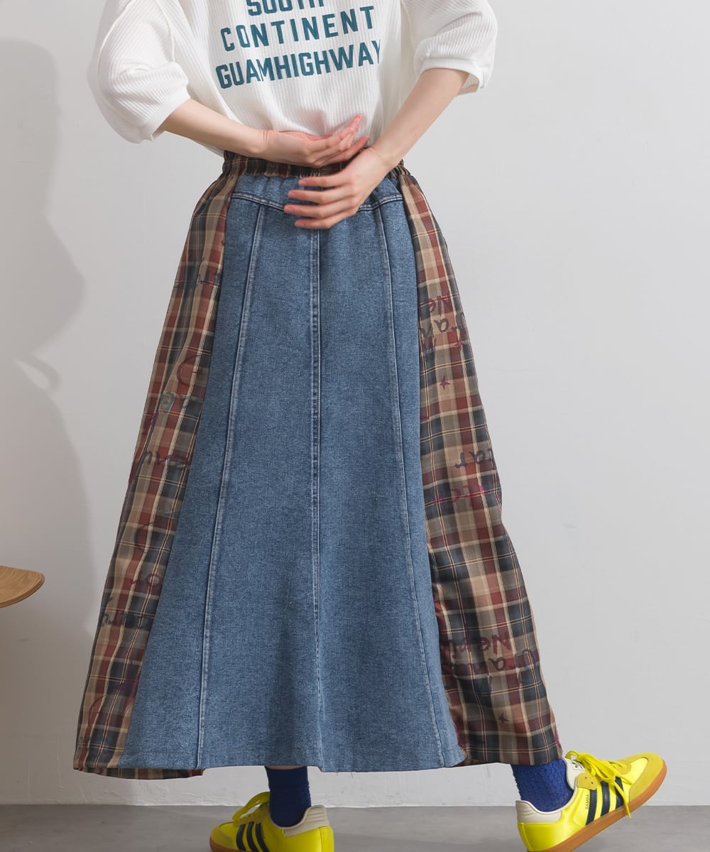 専用！チェック柄Xデニムリメイク☆大フレアパンツ☆巻きプリーツスカート☆ D54044 【体型カバーデニムシリーズ】 デニム×チェック切替スカート