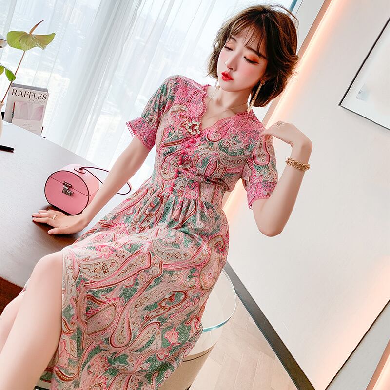 刺繍レースVネックウェストスタンダードプリント柄ドレス サマースタイル レトロ 夏物 MIUCO71082922240