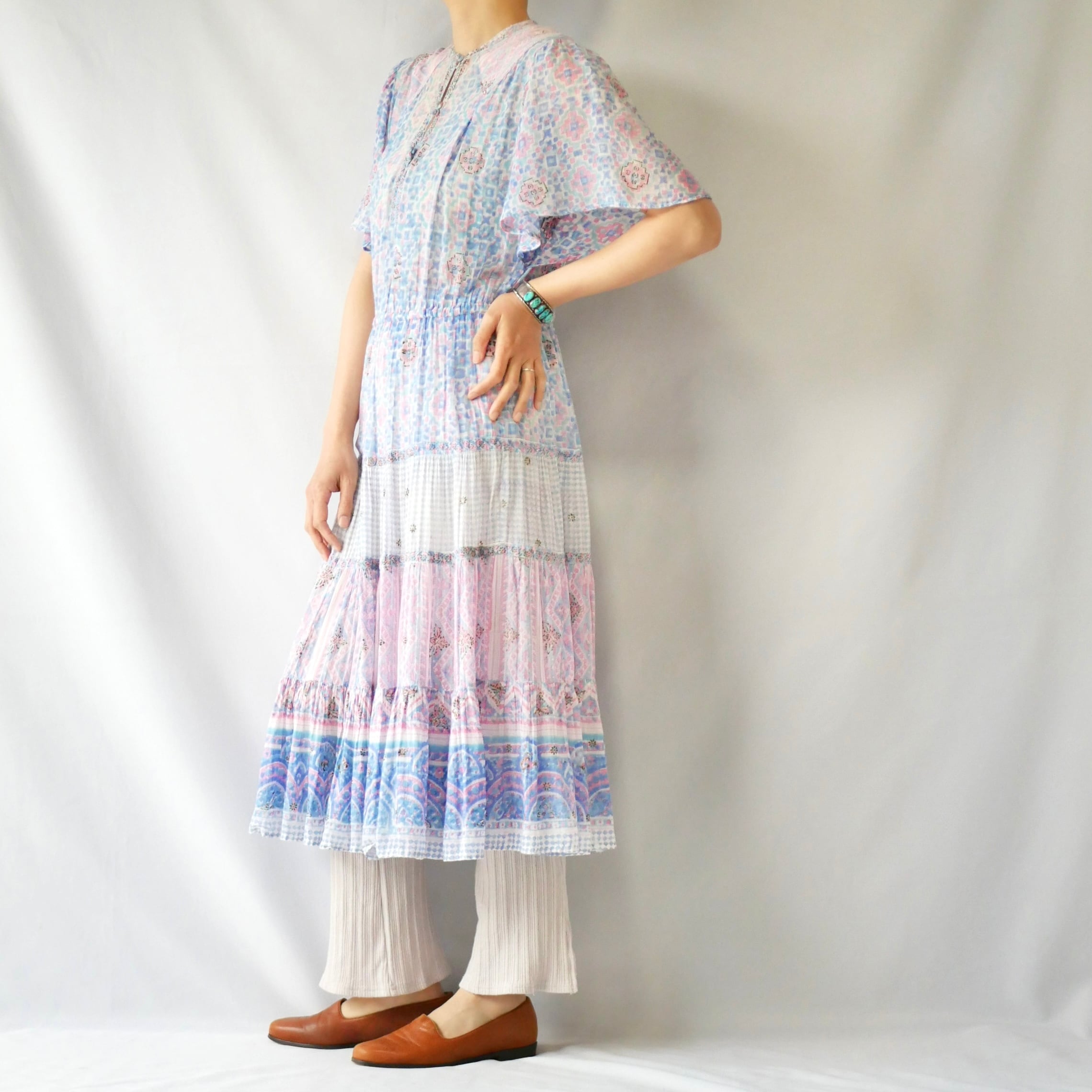 70s indian cotton pink blue onepiece ヴィンテージピンクブルー