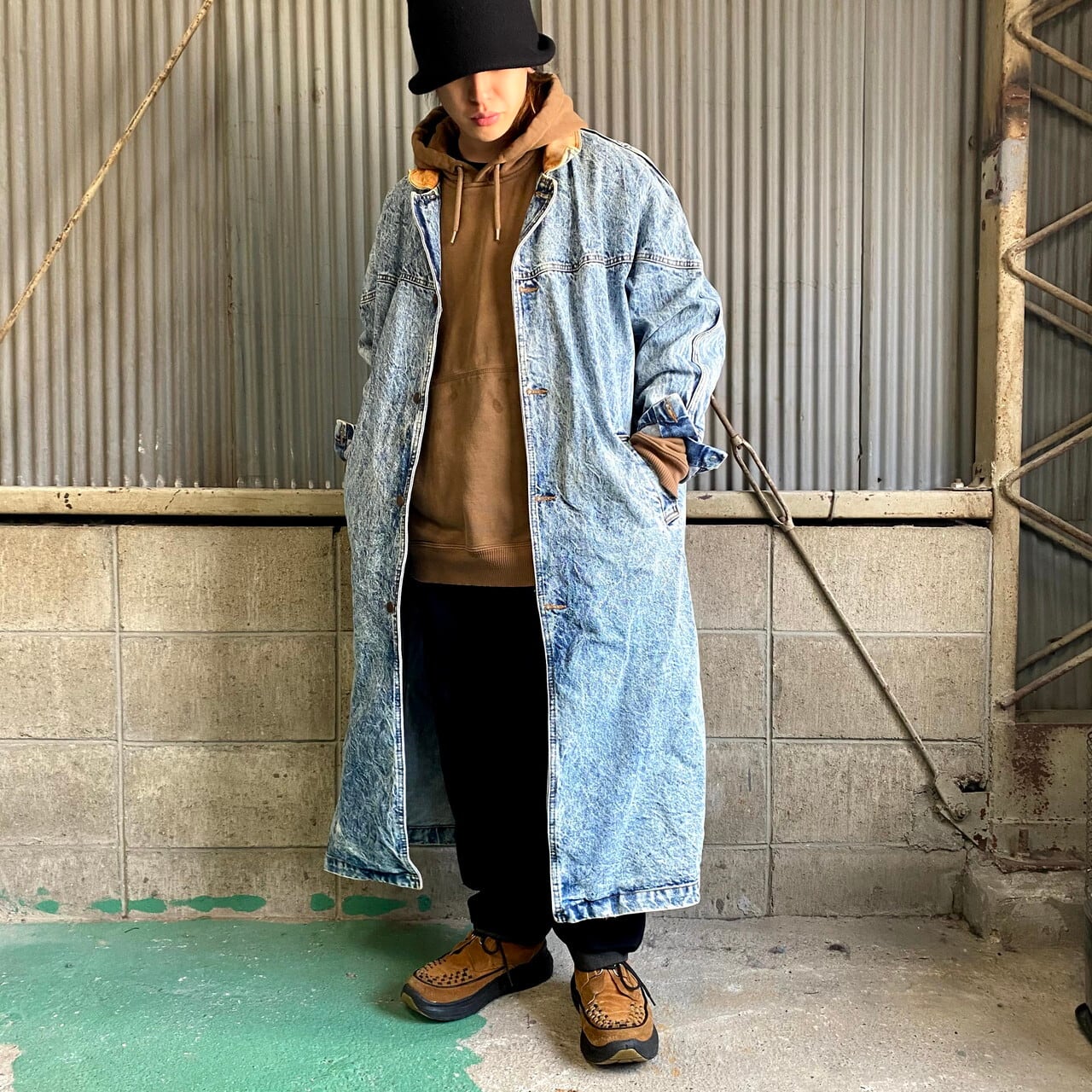 FLUID ケミカルウォッシュ 変形デニムコート メンズL相当 マキシコート 
