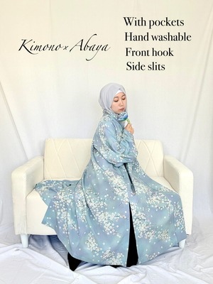 (Kimono×Abaya size S)Cerryblossoms pattern, Blue gradient Kimono