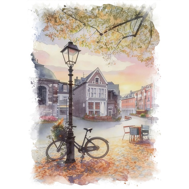 絵画 ドイツ 風景画(街並み) アーヘンの秋 インテリアアート額付き 水彩画・油絵調 WAT0321