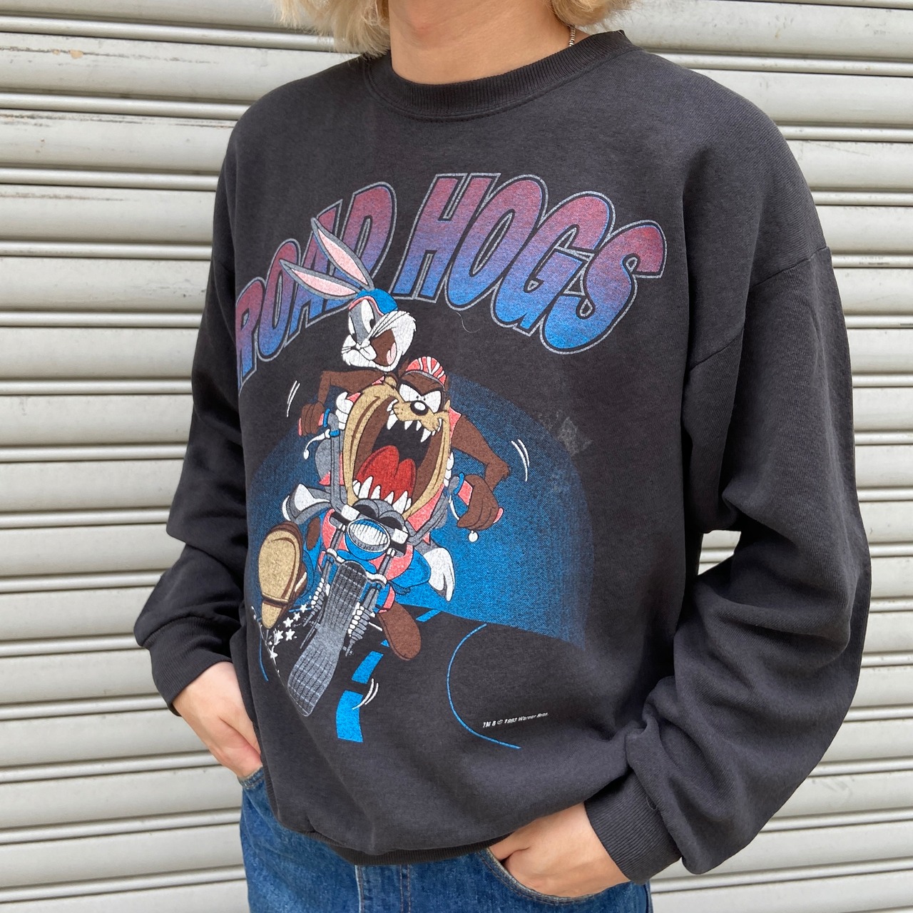 90s ルーニーテューンズ キャラクタースウェット 両面プリント 黒 L相当