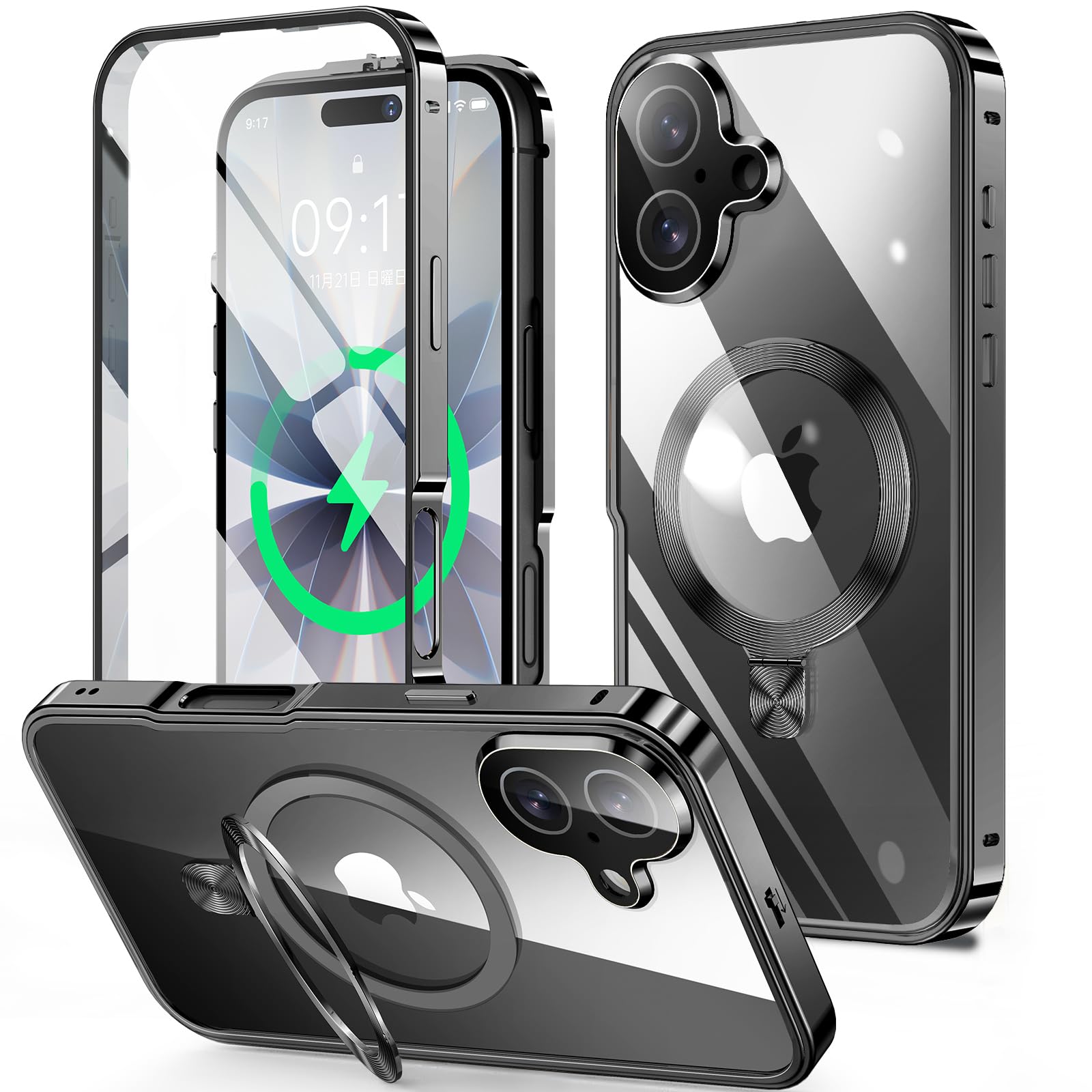 HGUTREY【スタンド機能付き・アクションボタン】 iPhone17 用 ケース 両面 ロック付き 一体型レンズ保護 (ブラック)