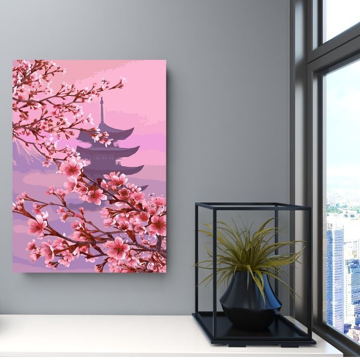 日本の美しい桜』アクリル絵の具で作る。数字で塗り絵 油絵風 (40x50cm