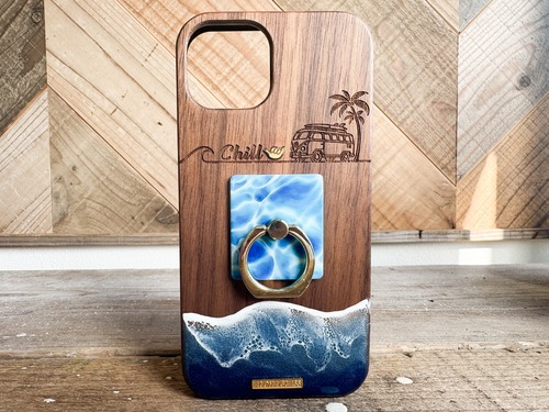 Aloha wagon ring/wood×resin deep blue wave case(walnut)