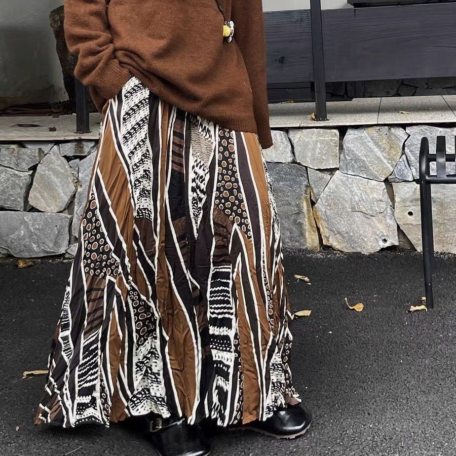 ETHNIC PRINT A-LINE WRINKLED MAXI DESIGN SKIRT 1color M-16130