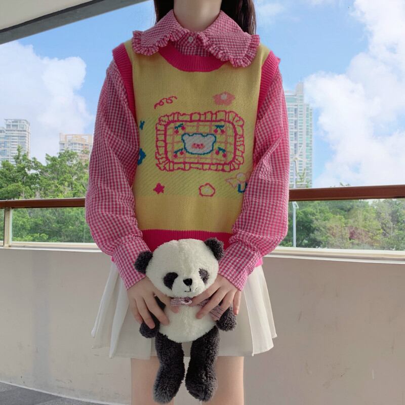 プリントイエローニットセーター スプリングオータムカラーシャツ 大人ガーリー スウィート キュート カジュアル 春物 秋物 萌量不足19086320878