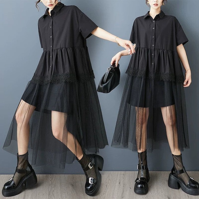 BLACK MESH SKIRT HALF SLEEVES A-LINE MIDI SHIRT DRESS 1color M-16735