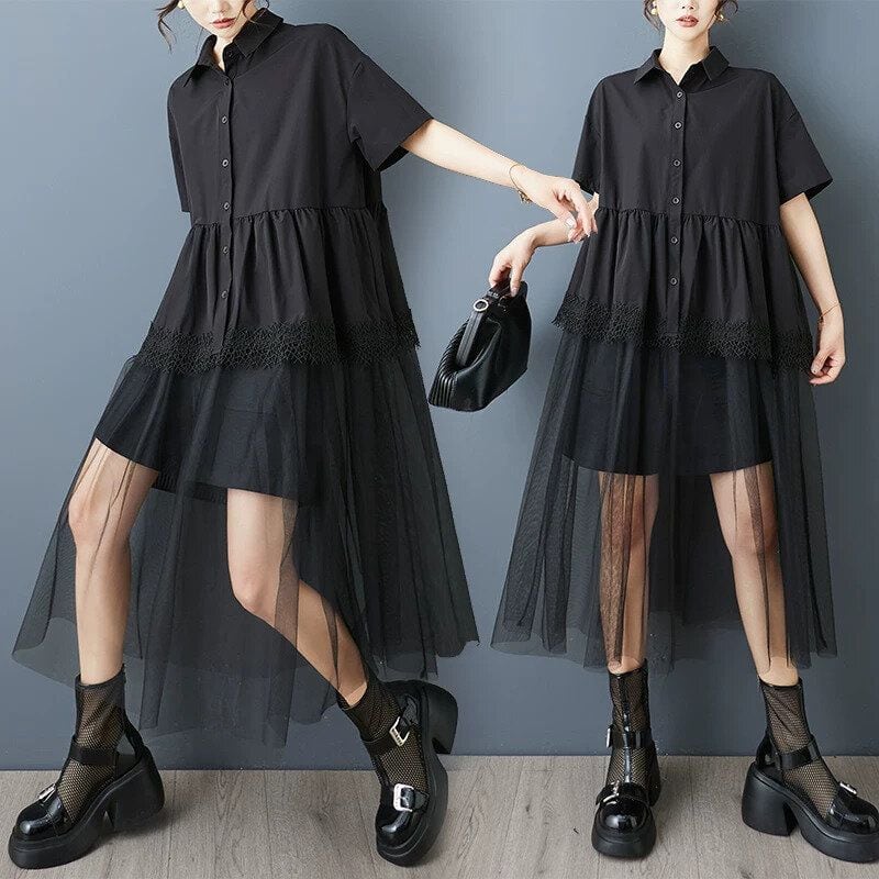 BLACK MESH SKIRT HALF SLEEVES A-LINE MIDI SHIRT DRESS 1color M-16735