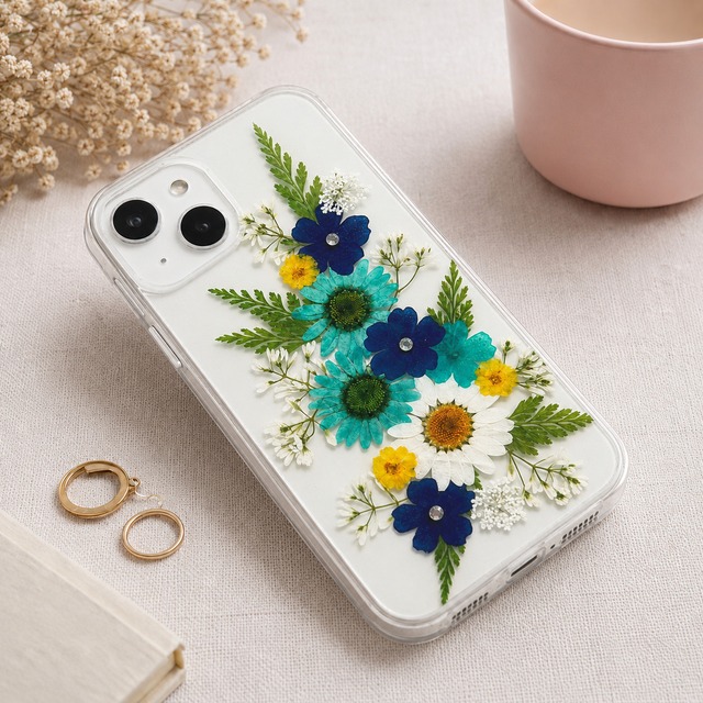【ほぼ全機種対応スマホケース】押し花スマホケース NO.518(ブルー）  押し花＆レジン iPhone/Xperia/AQUOS/Galaxy