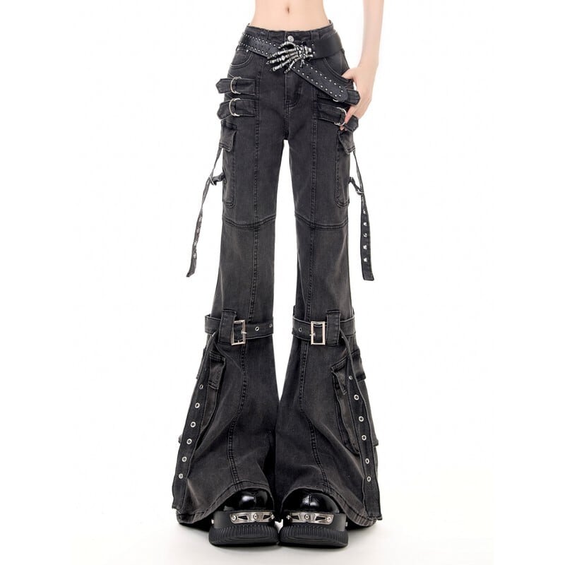 Y2K Flared belt design pants r0093
