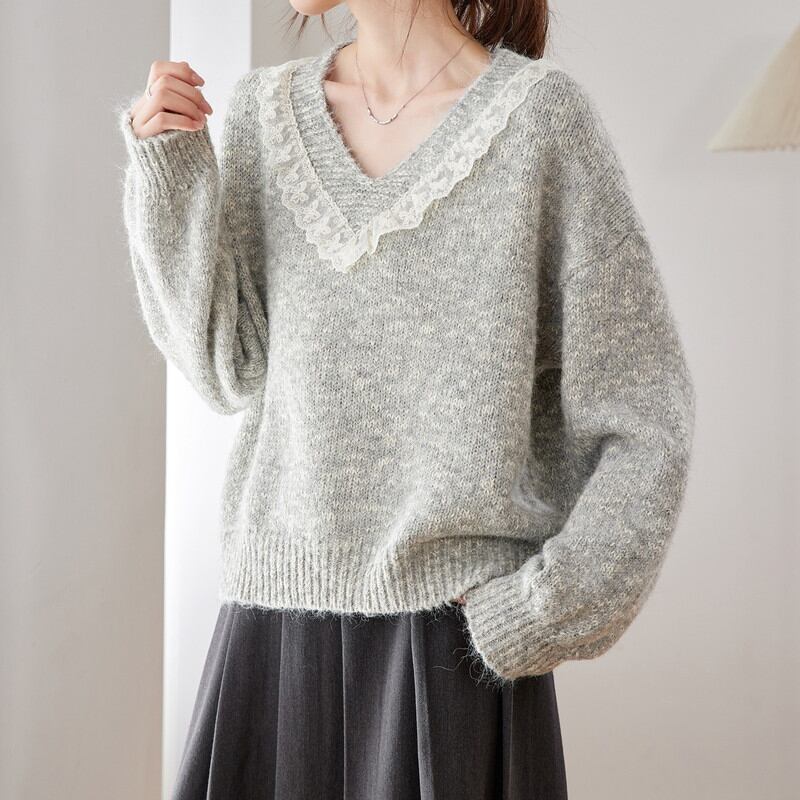 レース付きVネックニットトップス Me1686