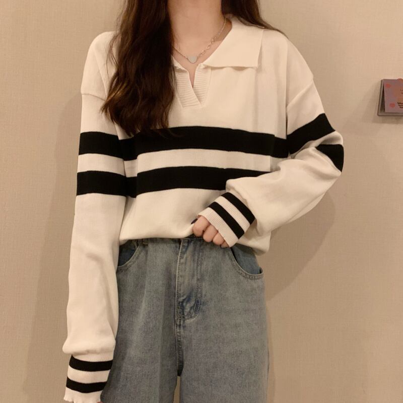 ストライプセーター スプリングオータムシャツ ルーズトップス ロング 春物 秋物 試着室67681533904