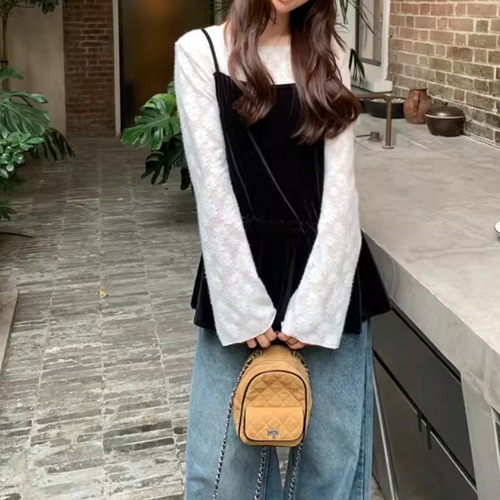 【2点セット】2色／フラワーレーストップス＋バックリボンベロアキャミ ・75501