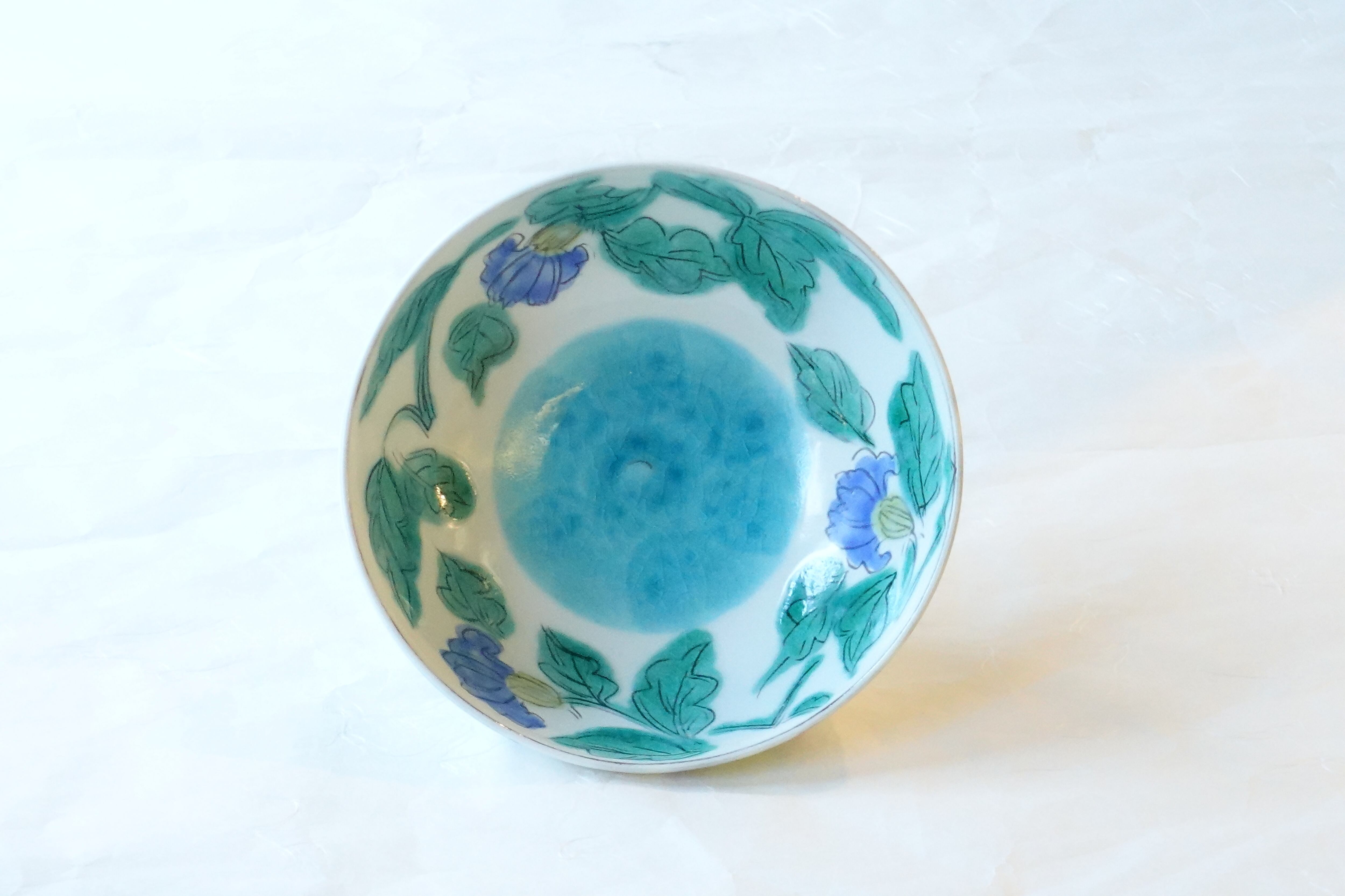 清水焼 野口繁次 作 釉彩草花文 6寸 高台鉢 青花 | 小林漆陶