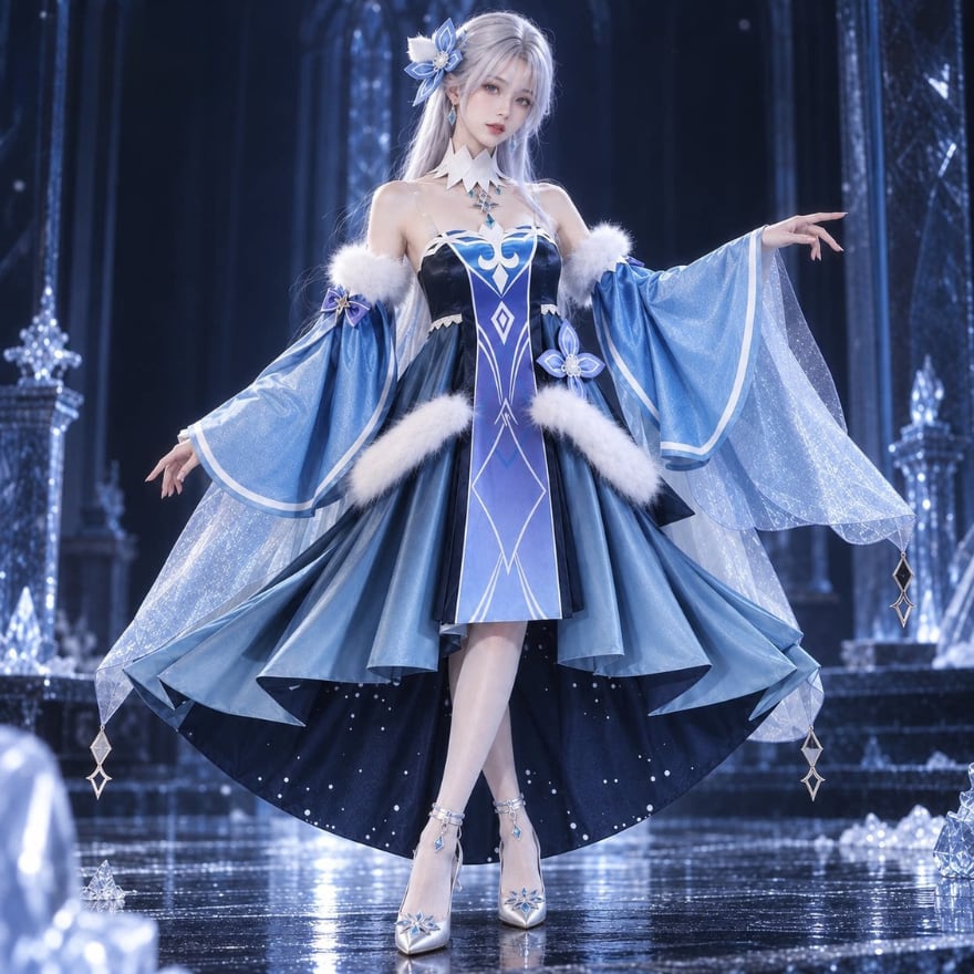 氷雪宮殿の舞姫 透け袖と前後差スカートのファンタジー系衣装セット