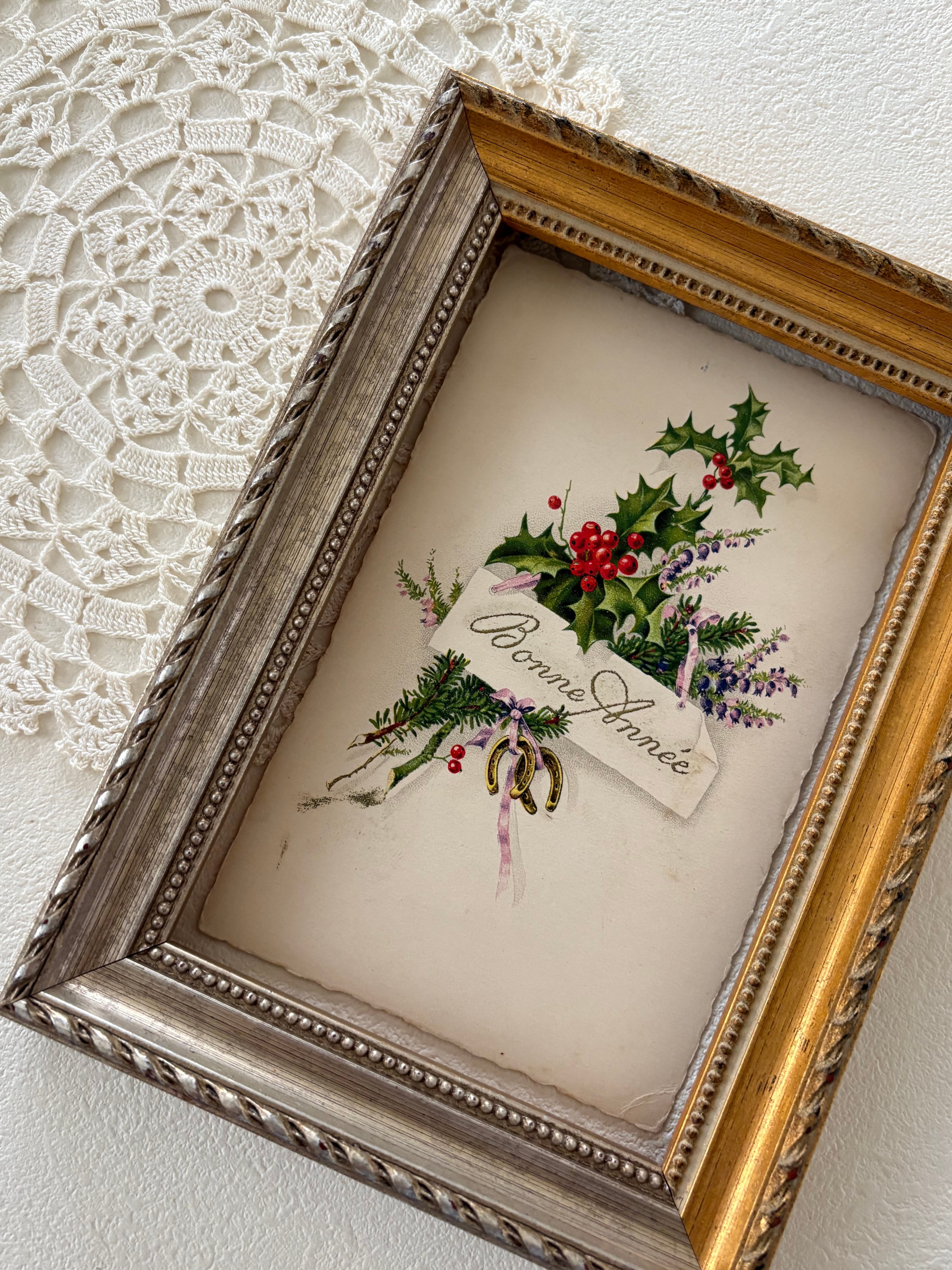アンティークポストカード Bonne Anee 柊 馬蹄 リボン エンボス Noel クリスマス フランス 額装 インテリア コレクション