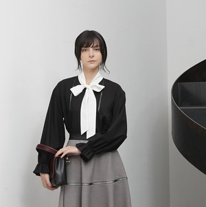 DiDi Guranjie 配色リボン ギャザーブラウス(ブラック）