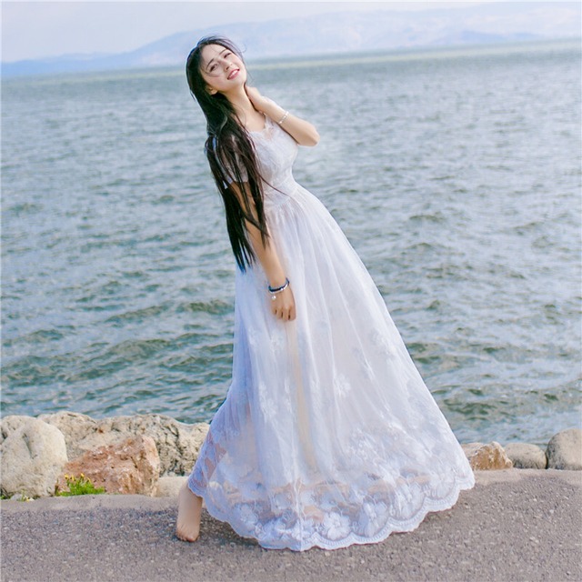 リゾートワンピース マキシワンピ ロング丈 レース フレア 半袖 きれい  