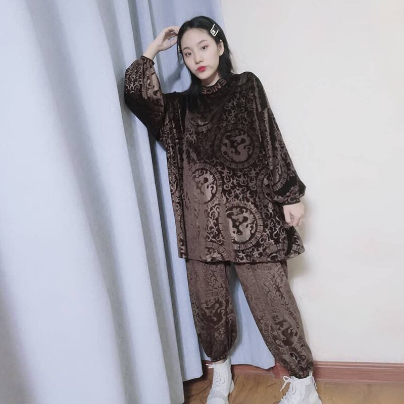 オータムプリントTシャツ ウェスト薄手 ロング 大きめサイズ 秋物 ミックスインファッション22703512876