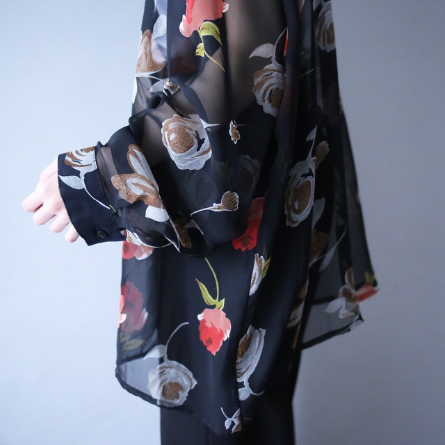 flower art pattern loose black see-through shirt