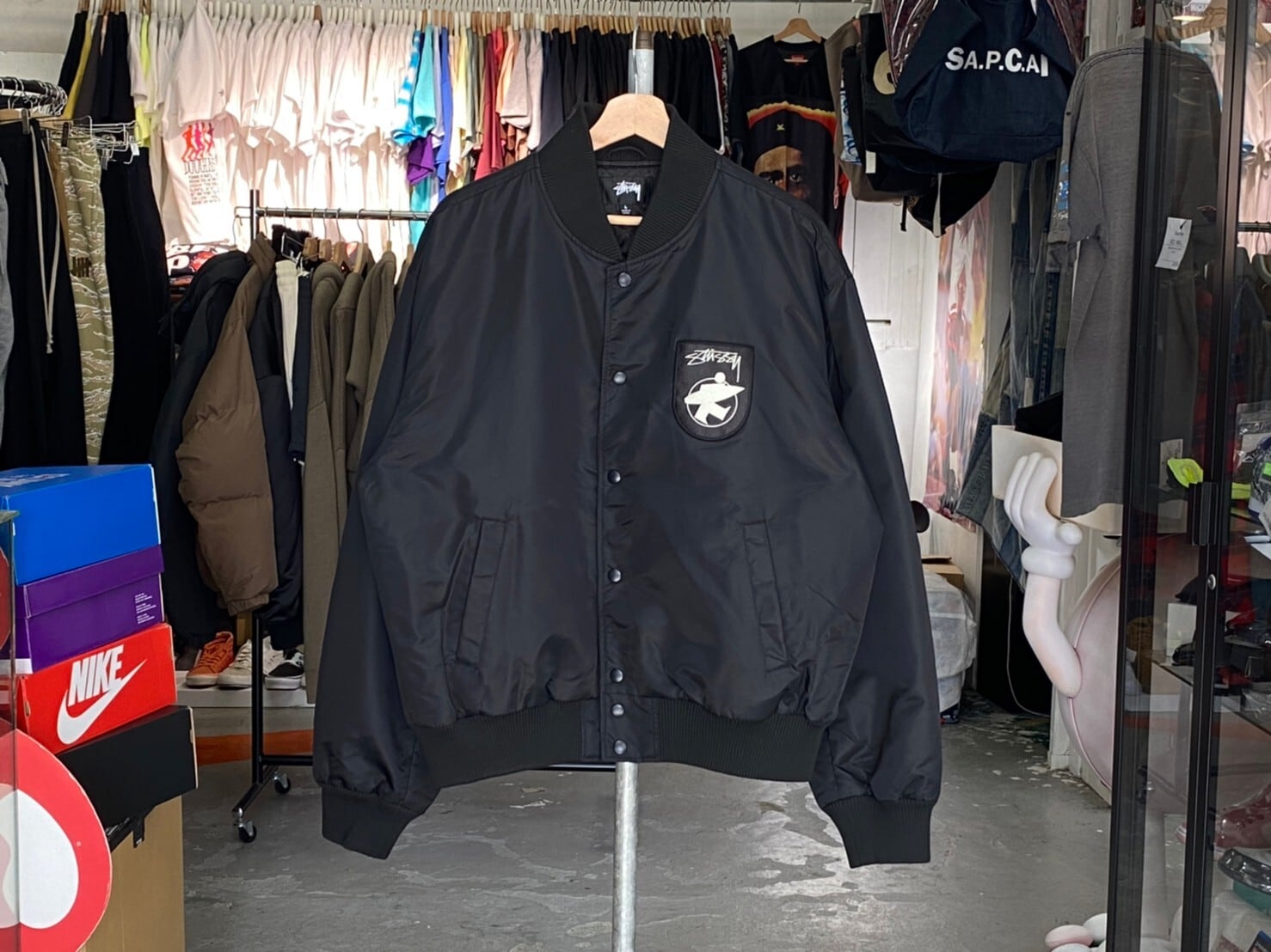 STUSSY SURFMAN STADIUM JACKET BLACK LARGE 60KJ0713 | BRAND BUYERS 