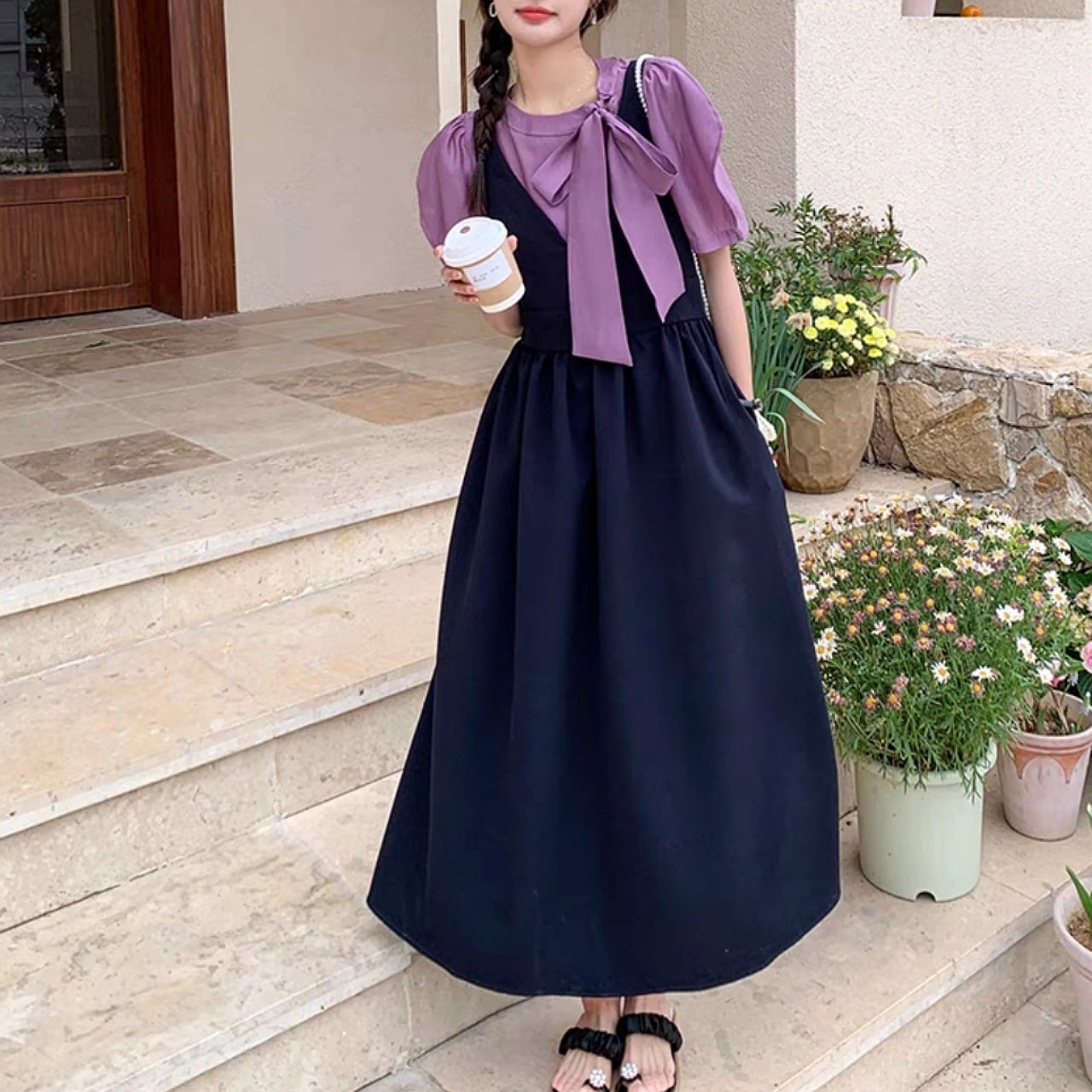 【М-4XL】2点セット ワンピース+ラベンダーブラウス