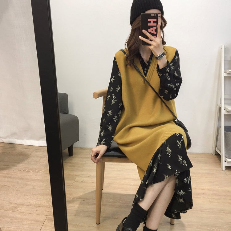 2点セット 花柄ワンピース長袖 ニットベスト カジュアル かわいい レディース チュニック ワンピ ベストニット フリル フレア キュート ひざ丈下 カジュアル 韓国ファッション M Xxl 10代 代 30代 春 秋 送料無料 韓国レディース キッズファッション Londonbridge