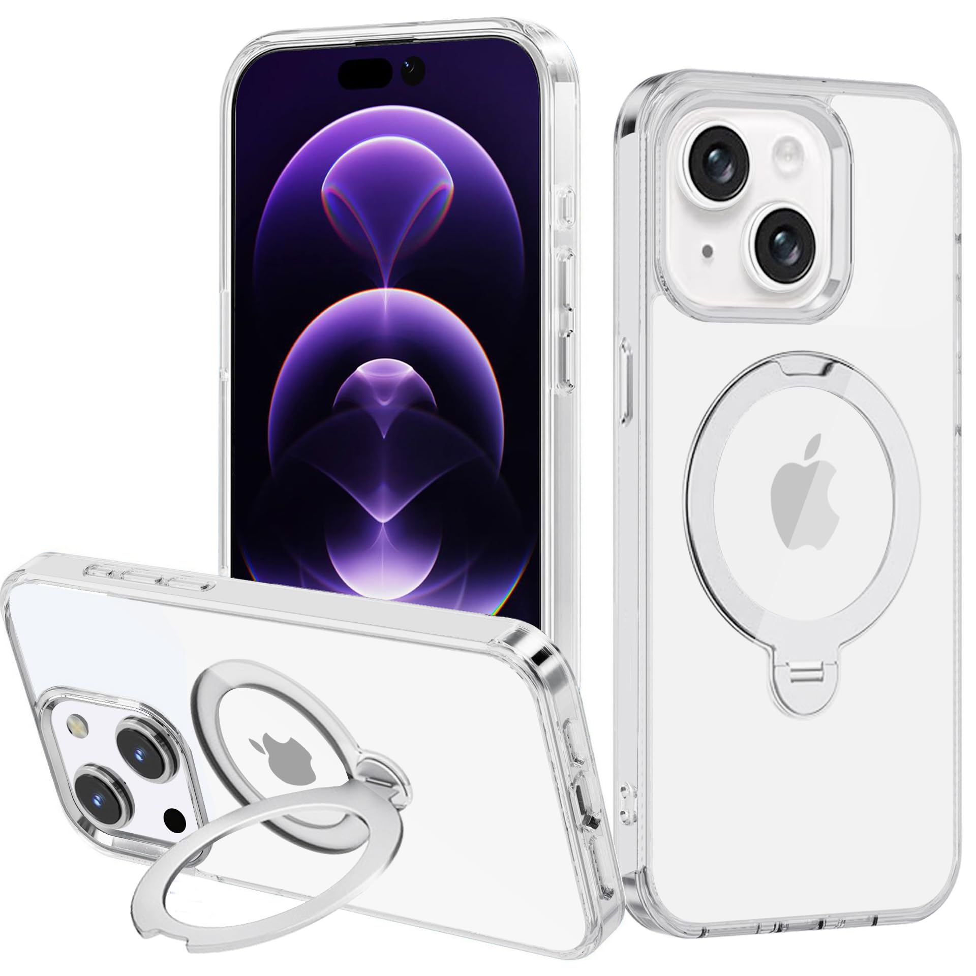 【JOOBOY 極限の透明感とスタンド機能】スマホケース 対応 iPhone 15 クリアケース MagSafe対応 360度回転スタンド ストラップホール穴付き 縦横両対応 黄ばみ防止 ワイヤレス充電対応 衝撃吸収 ブランド マグネット搭載車載ホルダー対応 おしゃれ 全透明 アイフォン15 携帯電話カバー (クリア, iPhone 15)