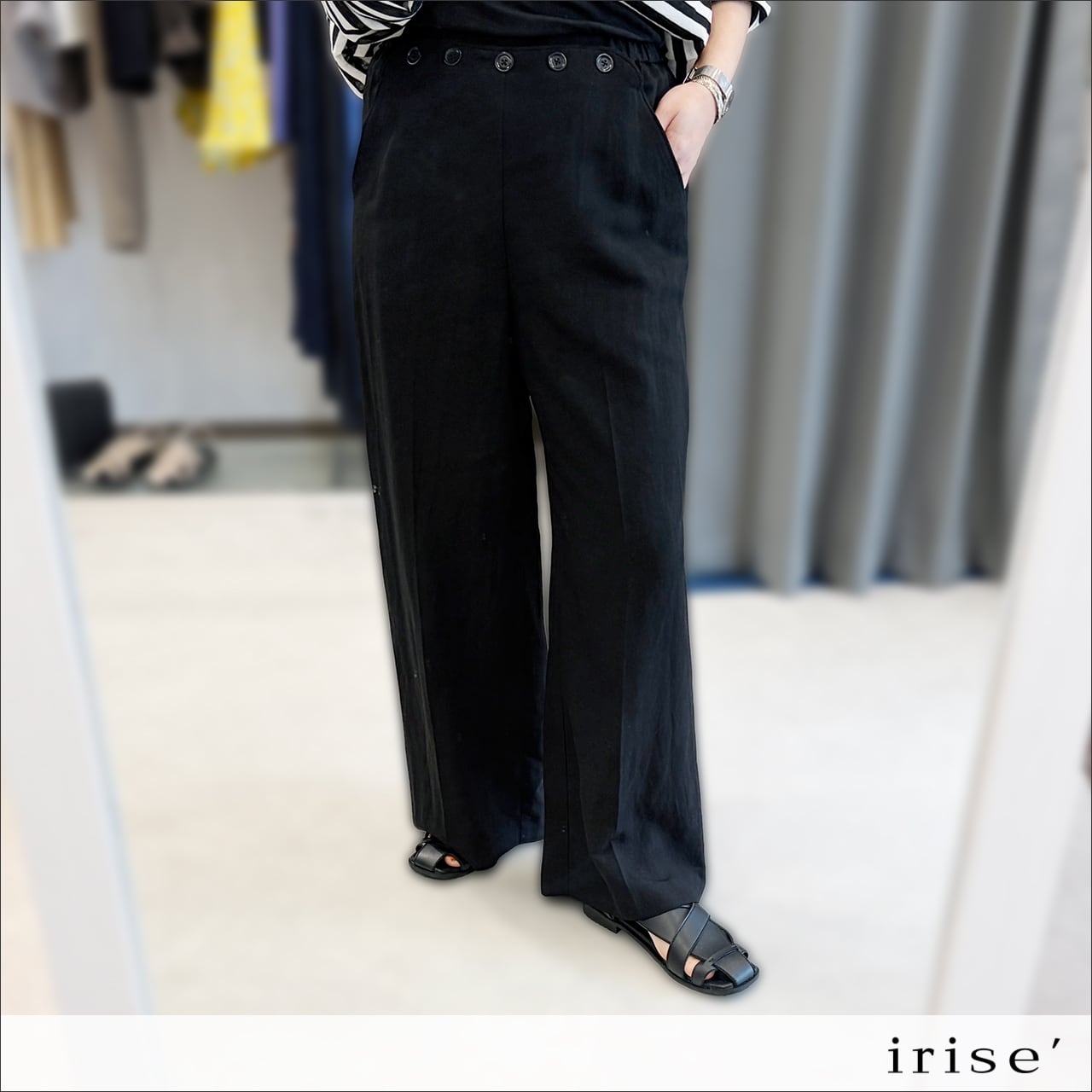 irise ボタンアクセントリネン混パンツ (クロ) t9064
