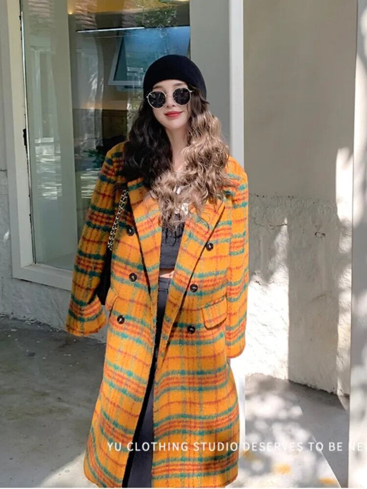 チェック柄ジャケット冬ロングルーズカラフル厚く暖かいソフトウール