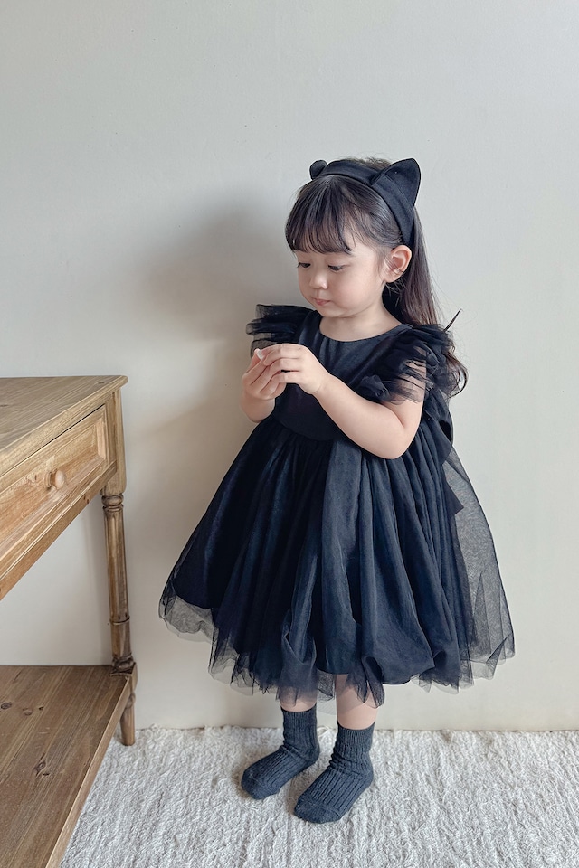 【今だけ‼︎モニター価格】黒猫ヘアバンド付SET ❤︎ back ribbon tulle dress〈Black〉