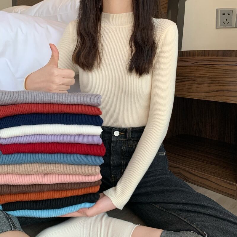 カラーベーシックスリムニットシャツ オータムウィンターソリッド プルオーバー トップス 秋物 冬物 ソリッドカラー YY-ファッション99689317535