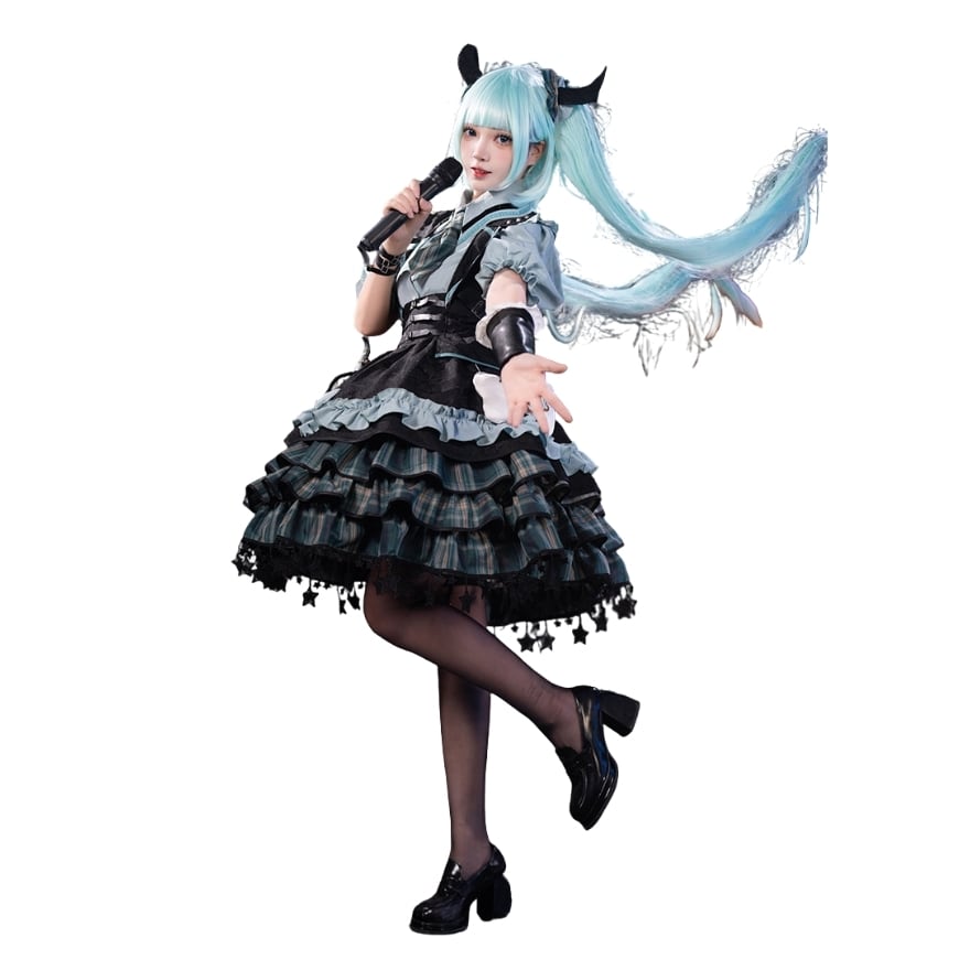 ゴスロリ セットアップ チェック柄×星屑装飾 アイドル風 サイバー