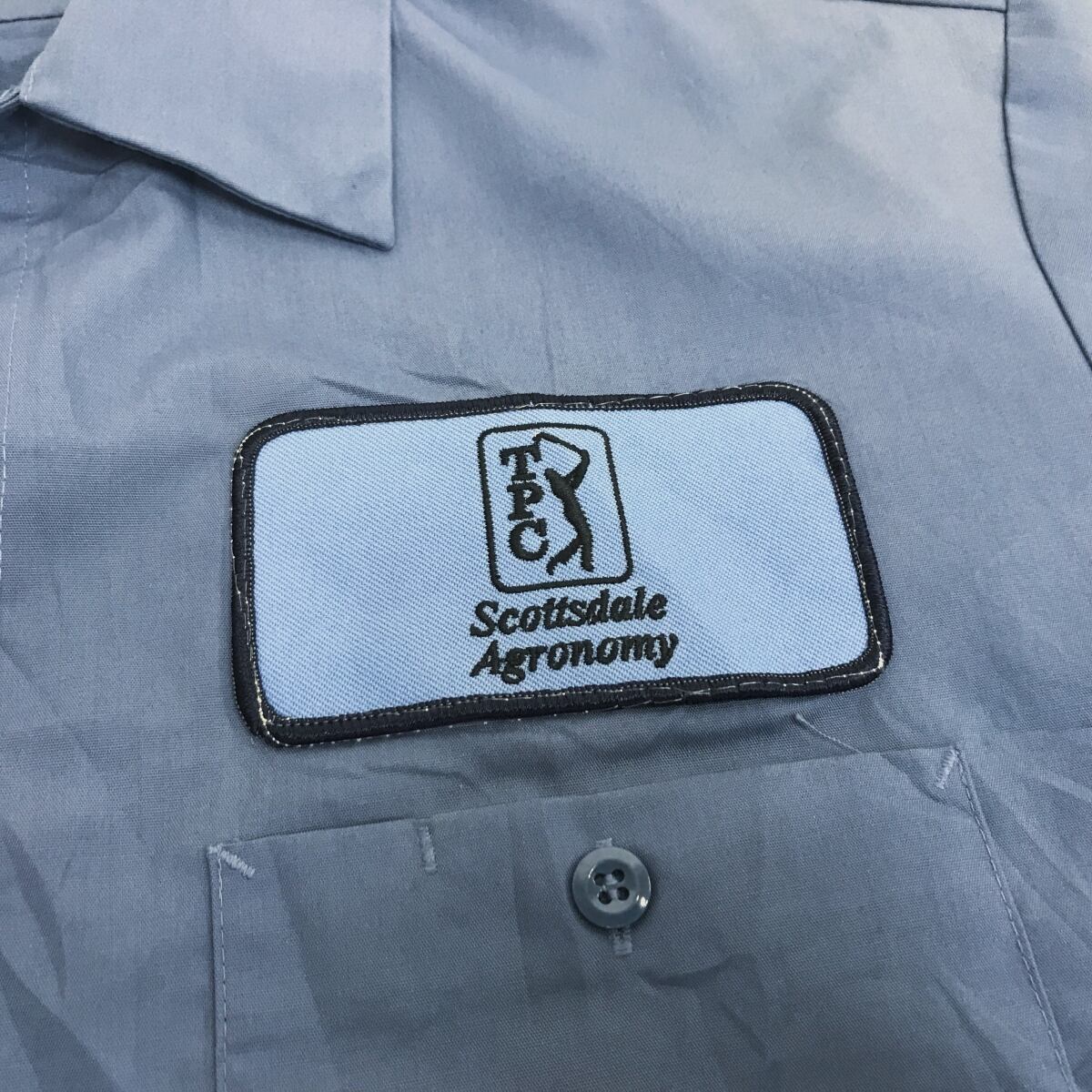 US USED TPC COLF ゴルフ 企業ロゴ 左右ワッペン付き ワークシャツ アッシュブルー XL 長袖