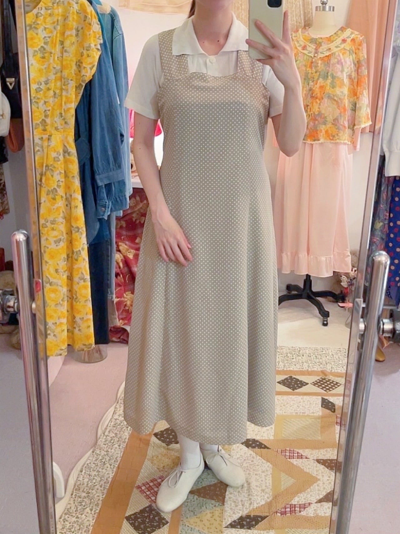 beige dot waist ribbon jumper skirt