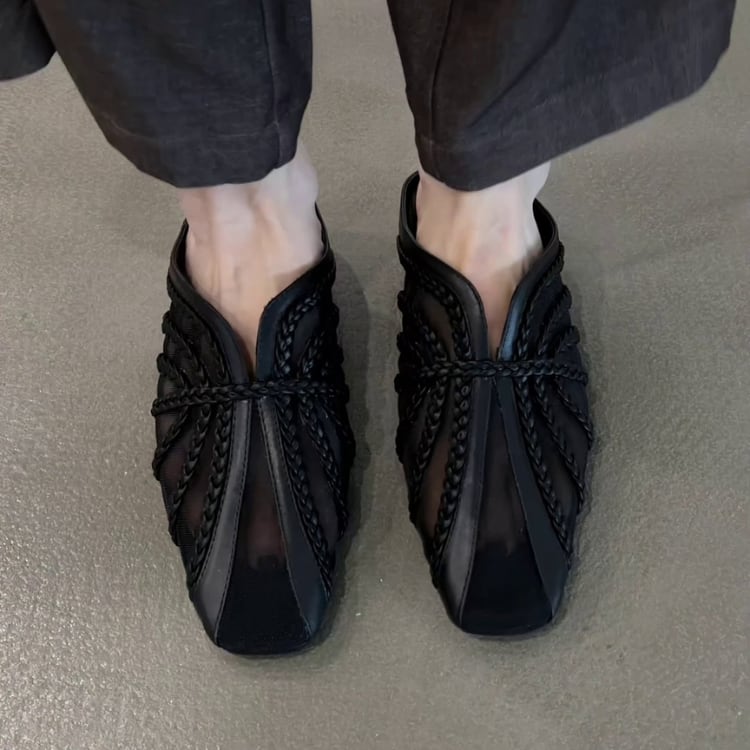 メッシュ編みミュール|スクエアトゥ・厚底インソール付きサマーシューズ◆2col R01401