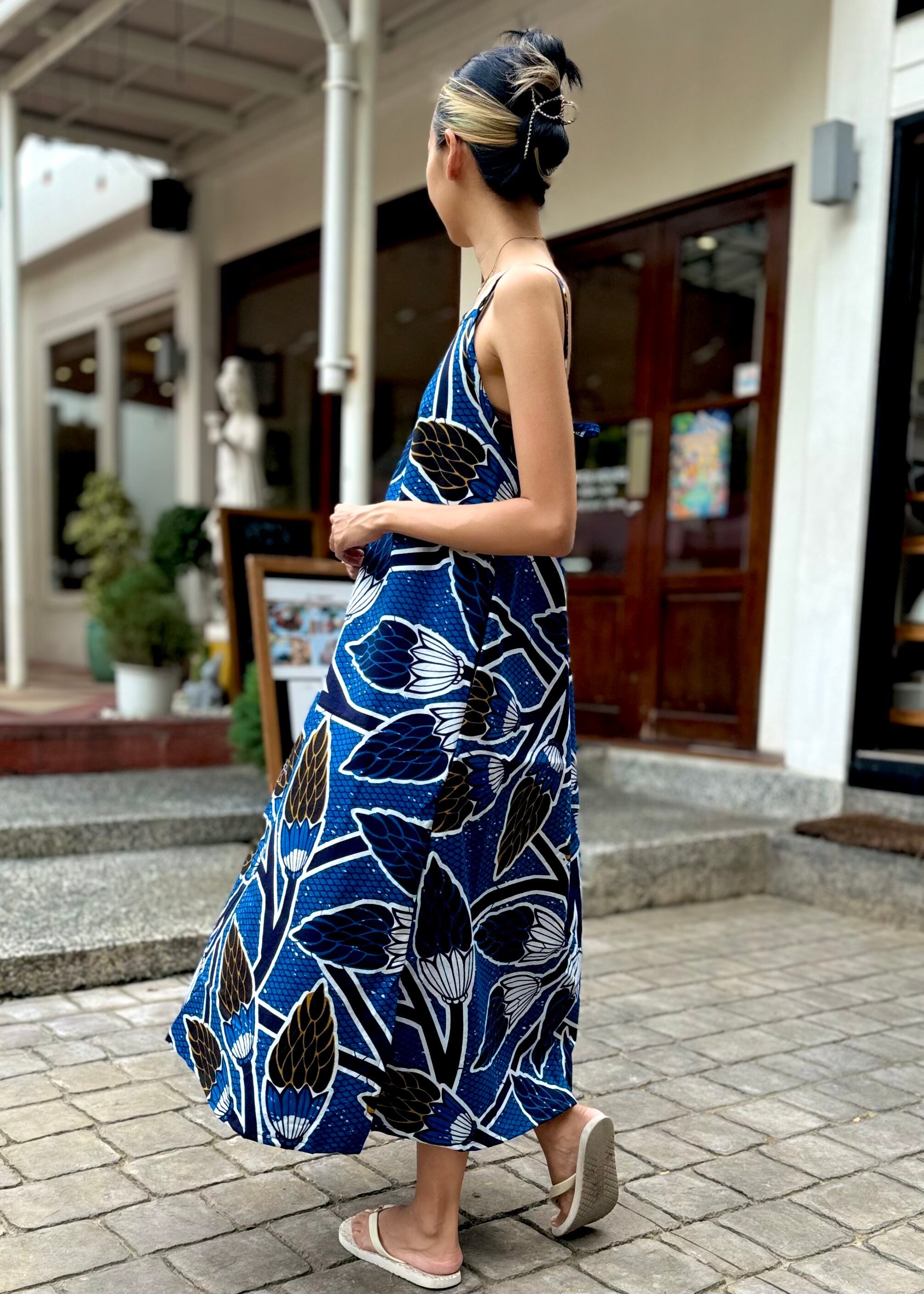 tenowa Aラインワンピース　マキシワンピース　アフリカン Aラインワンピース・ Blue buds | tenowa