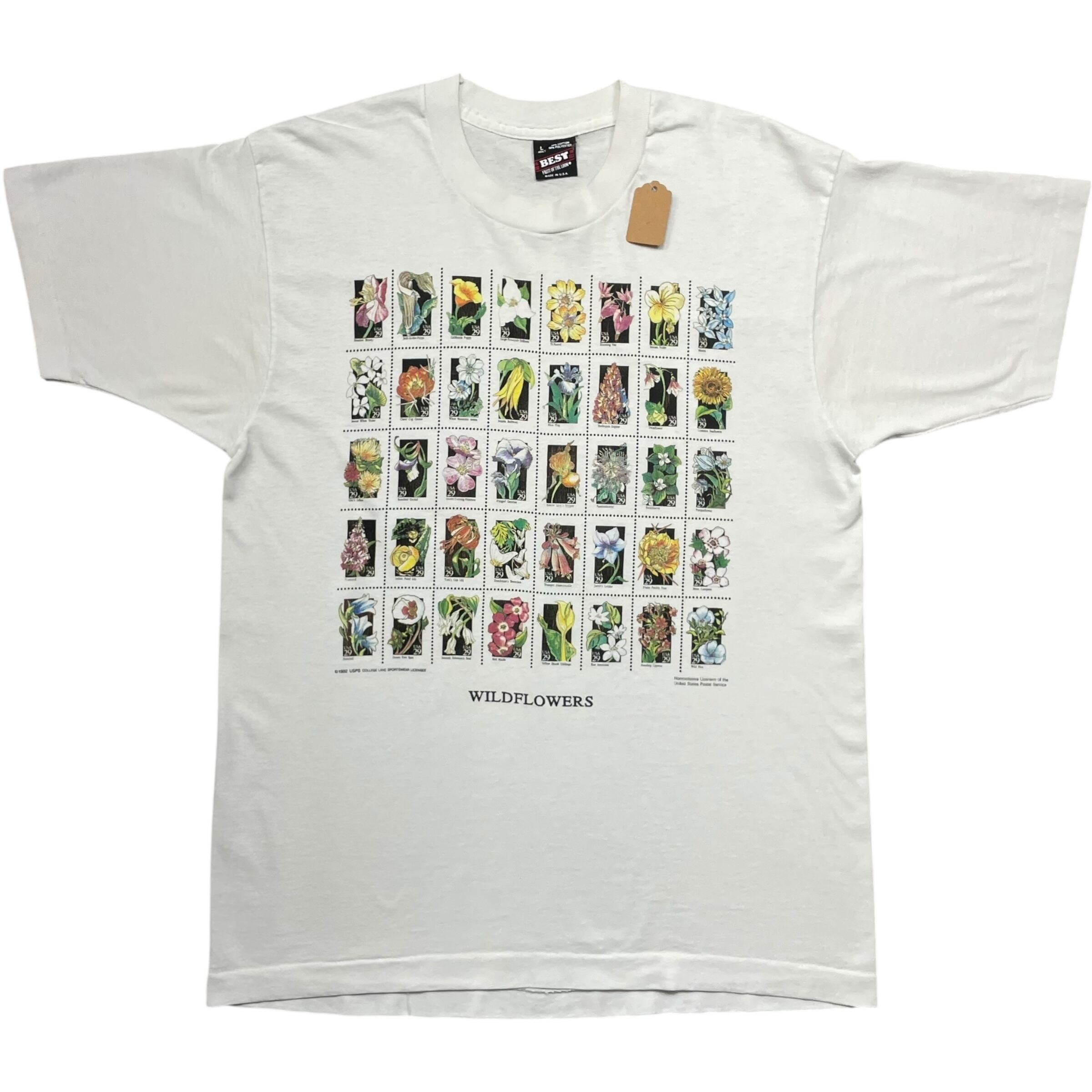 《L》 FRUIT OF THE ROOM フルーツオブザルーム Tシャツ ワイルドフラワー 切手デザイン プリント ホワイト USA製 90年代 vintage no.8288